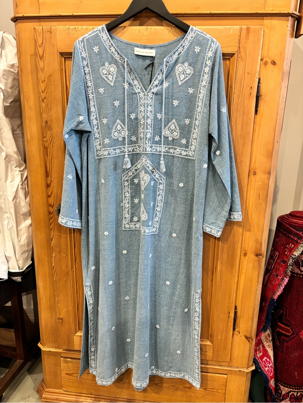 Embroidered Light Blue Maxi Dress with Tassel Tie